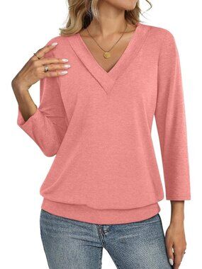 Women's Coral V Neck Cotton Banded Bottom 3/4 Sleeve Shirt Summer Casual Blouses